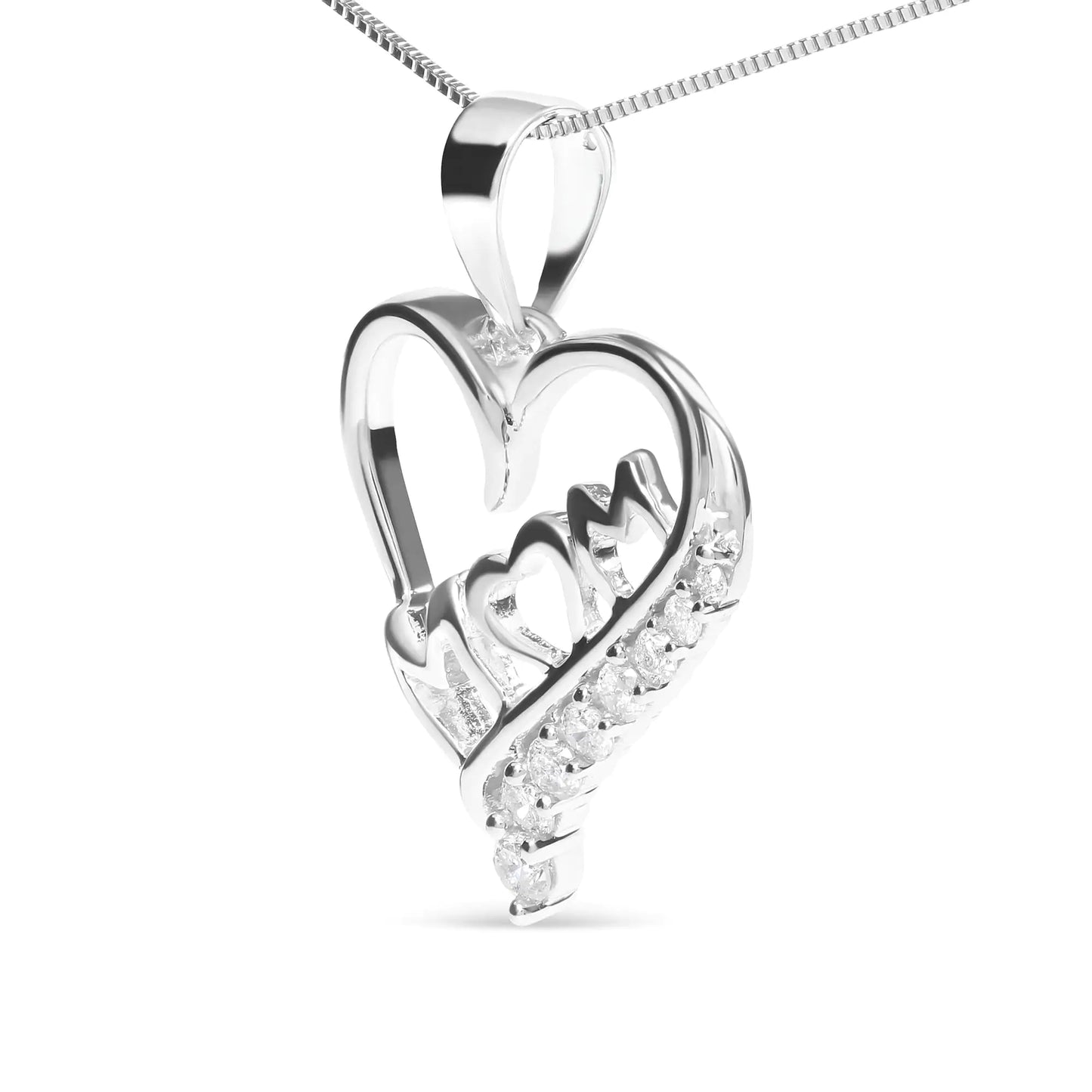.925 Sterling Silver 1/4 Cttw Diamond  "Mom" and Open Heart 18" Pendant Necklace