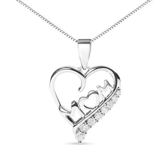 .925 Sterling Silver 1/4 Cttw Diamond  "Mom" and Open Heart 18" Pendant Necklace