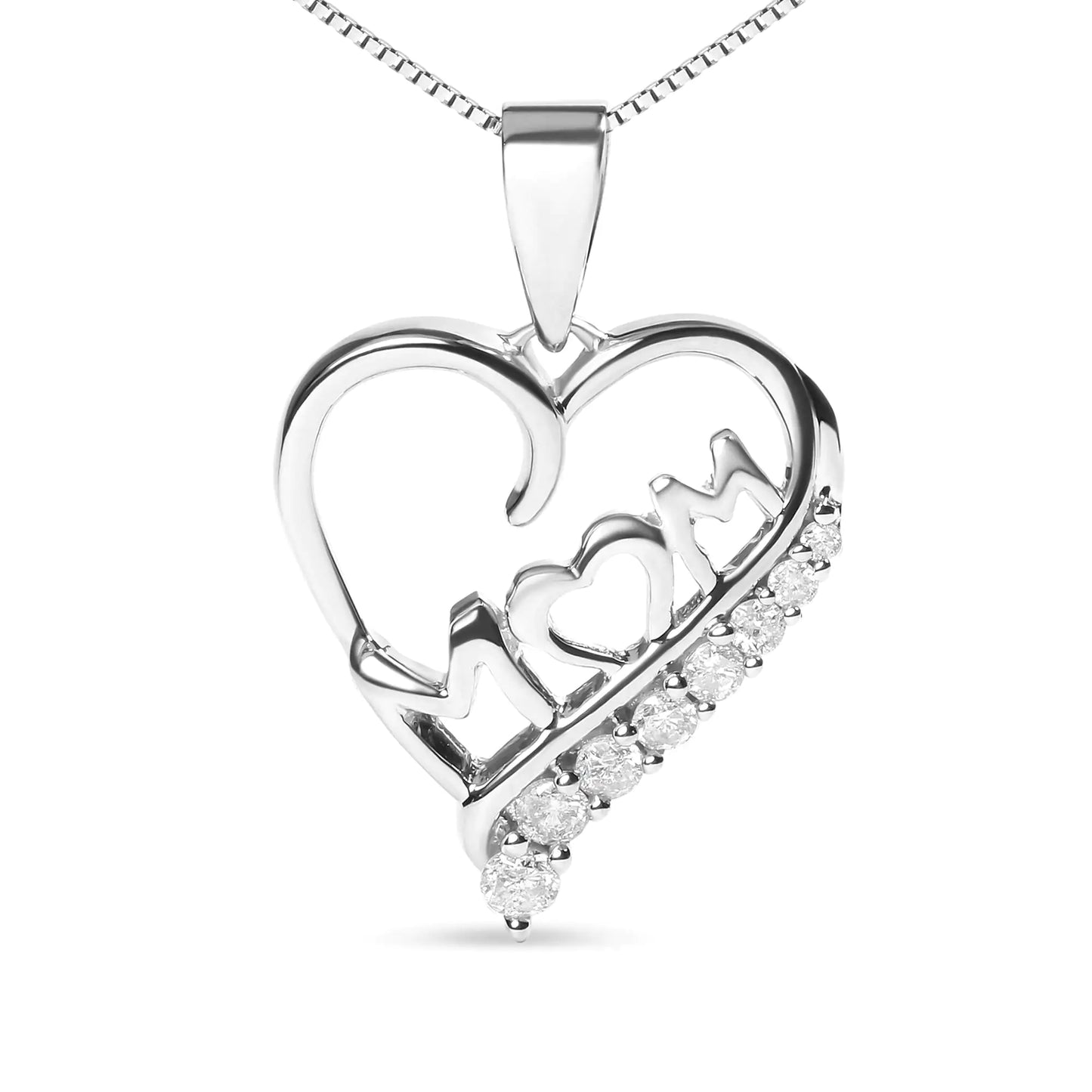 .925 Sterling Silver 1/4 Cttw Diamond  "Mom" and Open Heart 18" Pendant Necklace