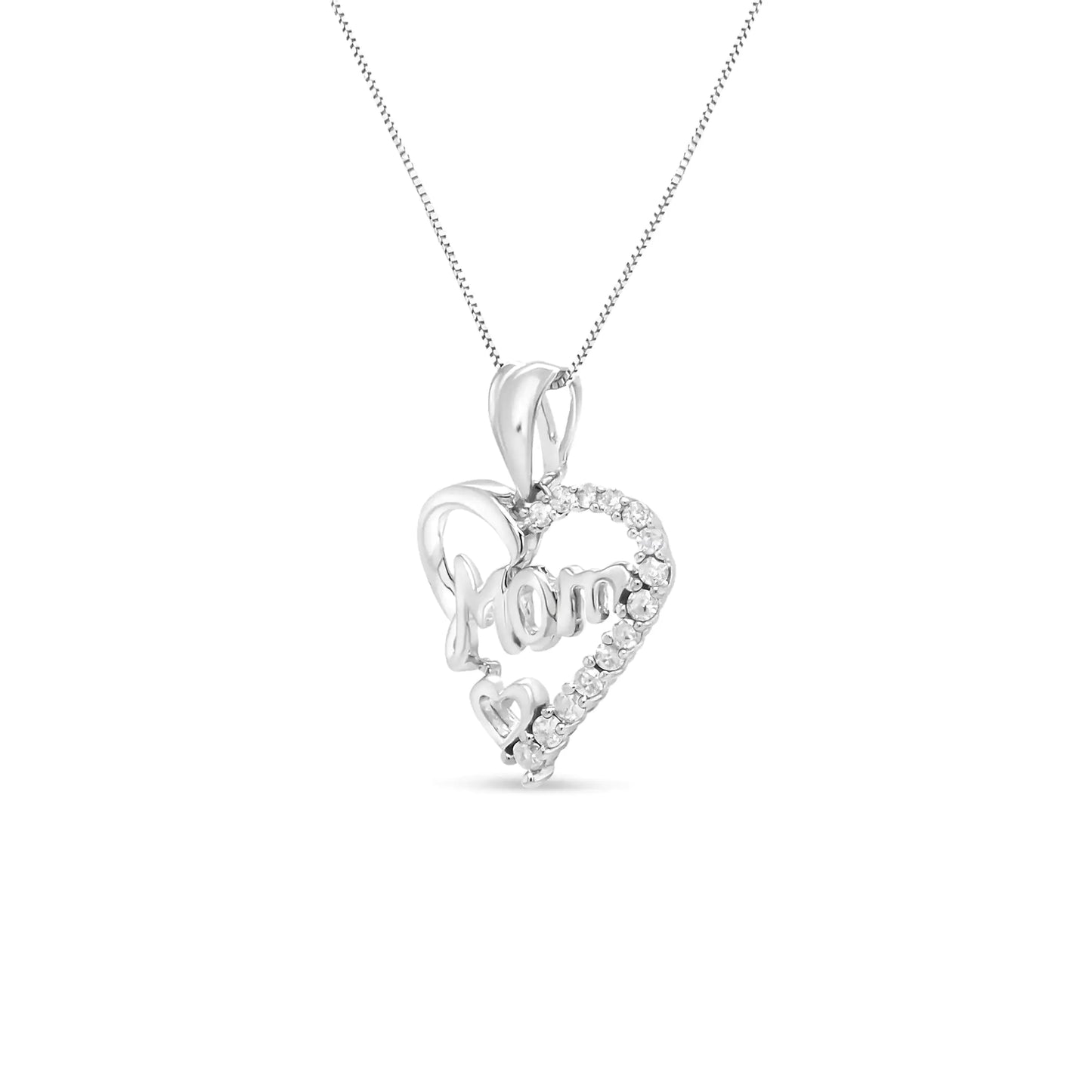 .925 Sterling Silver 1/4 Cttw Round Diamond "Mom" Openwork Heart Pendant 18" Necklace